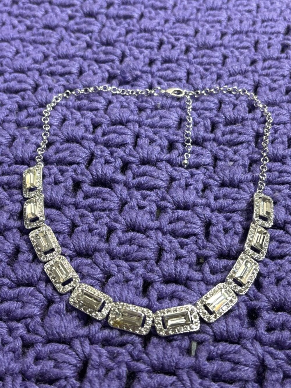 Silvertone Clear Rhinestone Necklace Rectangles 17 - 19 inches Long